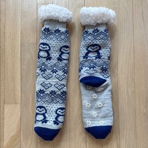 Fleece lined penguin socks with non-slip grip